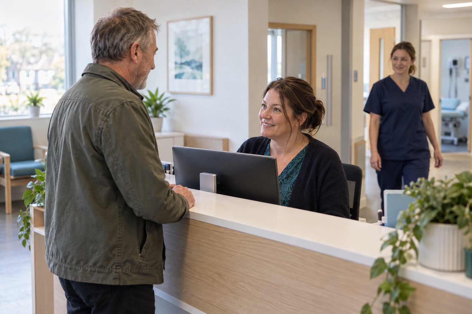 A receptionist at a bright GP practice helping a patient at the front desk while a nurse walks past smiling